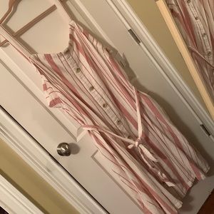 NWT Sonoma cream & mauve striped sleeveless cotton midi-dress w/decor buttons 4x